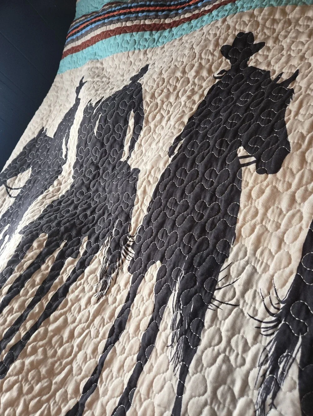 Western Horse Silhouette Quilted Comfort - Black on Cream with Turquoise Stripes